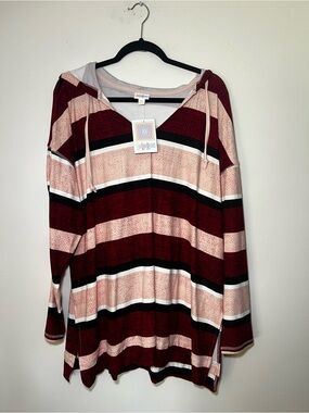 LuLaRoe Eliza Burgundy and Blush Striped Hooded Top
